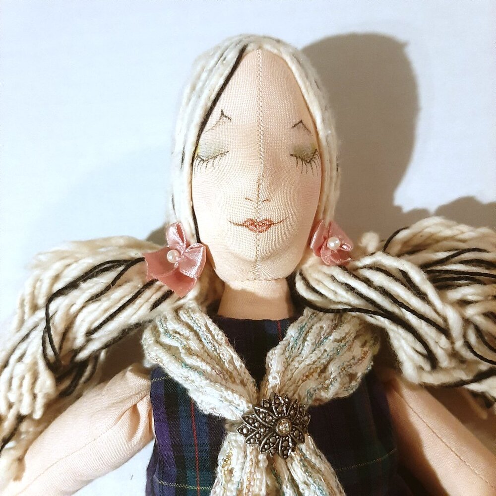 Handmade Fabric Tilda doll Blue Plaid Dress antique ring bound hand made scarf